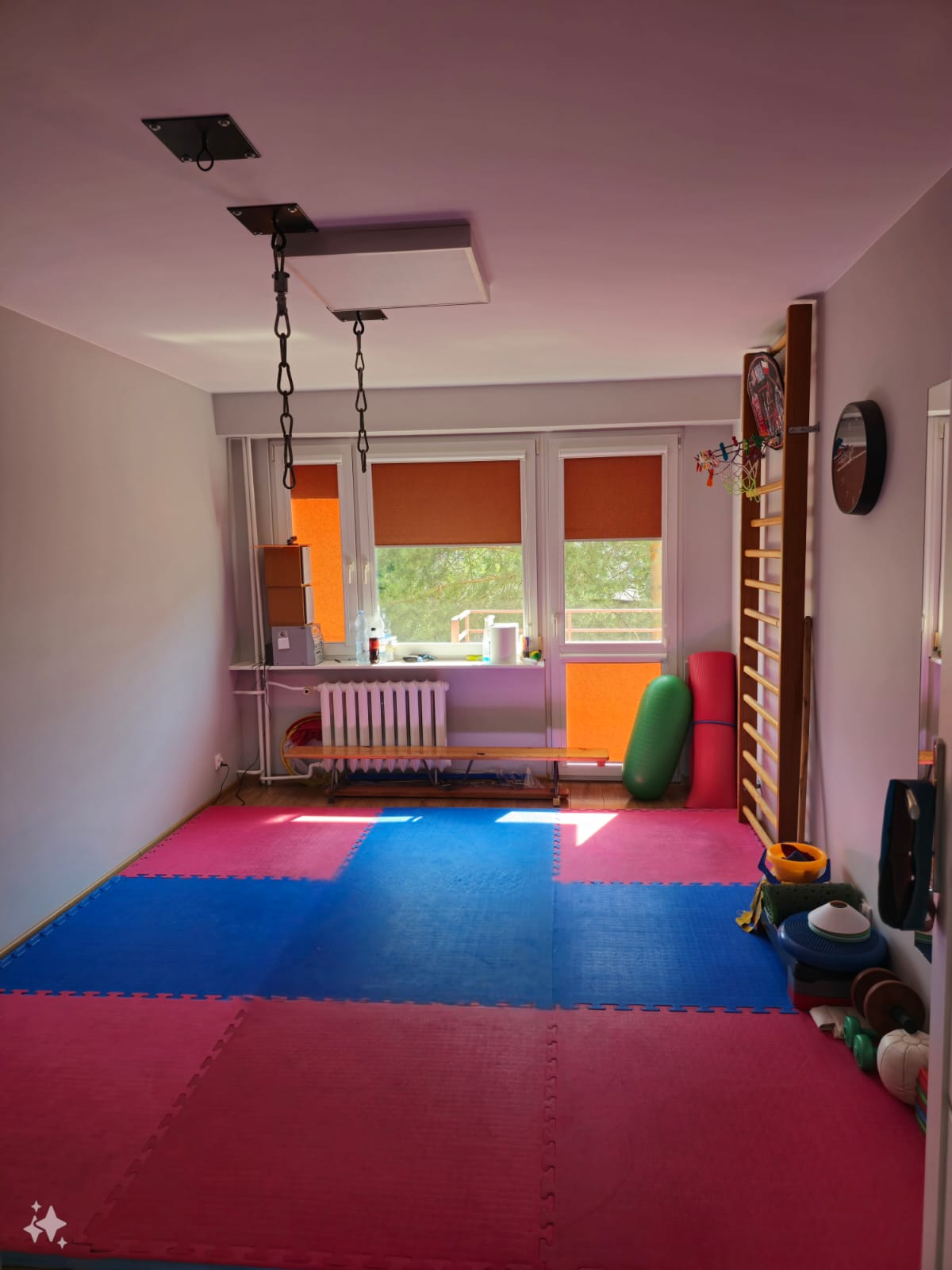 Sala do ćwiczeń w zakładzie fizjoterapeutycznym w Płocku z kolorowymi matami, drabinką gimnastyczną i sprzętem do rehabilitacji.